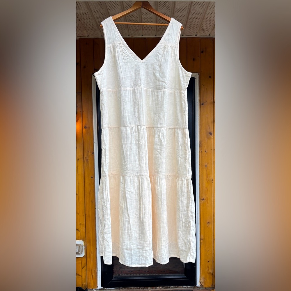 Quince Cream Tiered V-Neck Cotton Dress